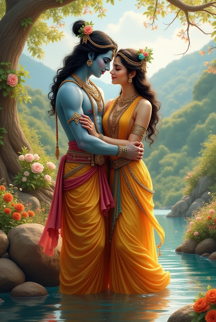"A divine and peaceful moment of love and devotion, depicting Lord Krishna and Radha seated together in a serene forest with a cascading waterfall in the background. The image captures their deep bond and spiritual connection, emphasized by Krishna’s gentle embrace and Radha’s tender expression. The lush greenery and tranquil atmosphere further enhance the divine aura of this sacred scene."