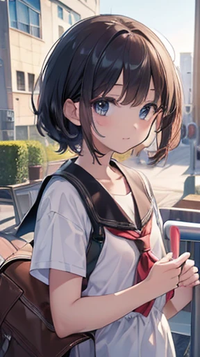 echo-san,
dress shirt,
red suspender skirt,
bob cut,
black hair,
short sleeve,
squat,　smile,　Open your mouth,　Put your hand on your cheek,
Roadside in the countryside,In the mountains,Unpopular place,Rusty bus stop,Shade,Fresh morning air,Soft sunlight,I can see the mountains,cumulonimbus,
(from above:1.2),((close up head)),