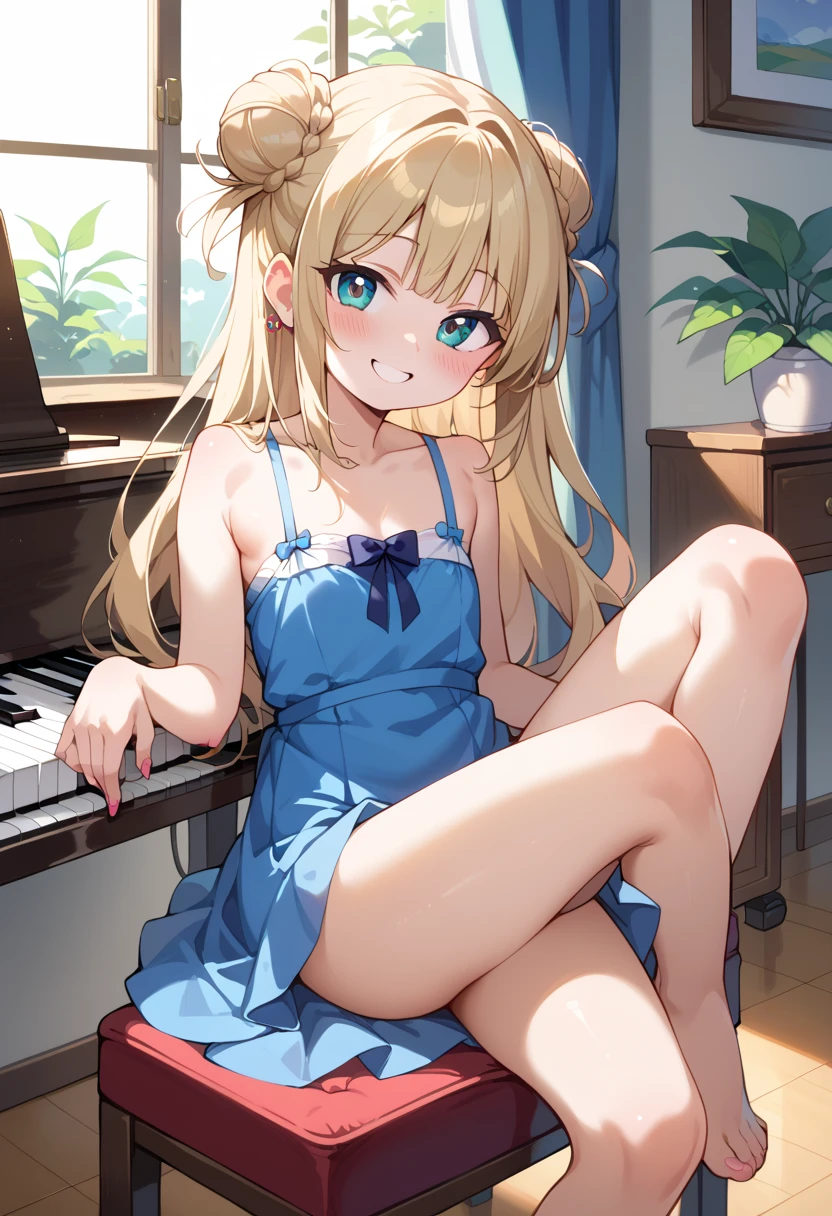 (( best quality )), ((masterpiece)), (be familiar with),  perfect face, indoor, bedroom,  watching viewers ,
One woman, I was,
開いた口,  ecstatic expression beside the piano, blush, smile,
 small tits,  flat chest, Young girl, Lori,  s,  girl,
 long hair,  twin bun hair ,
Leg spread,