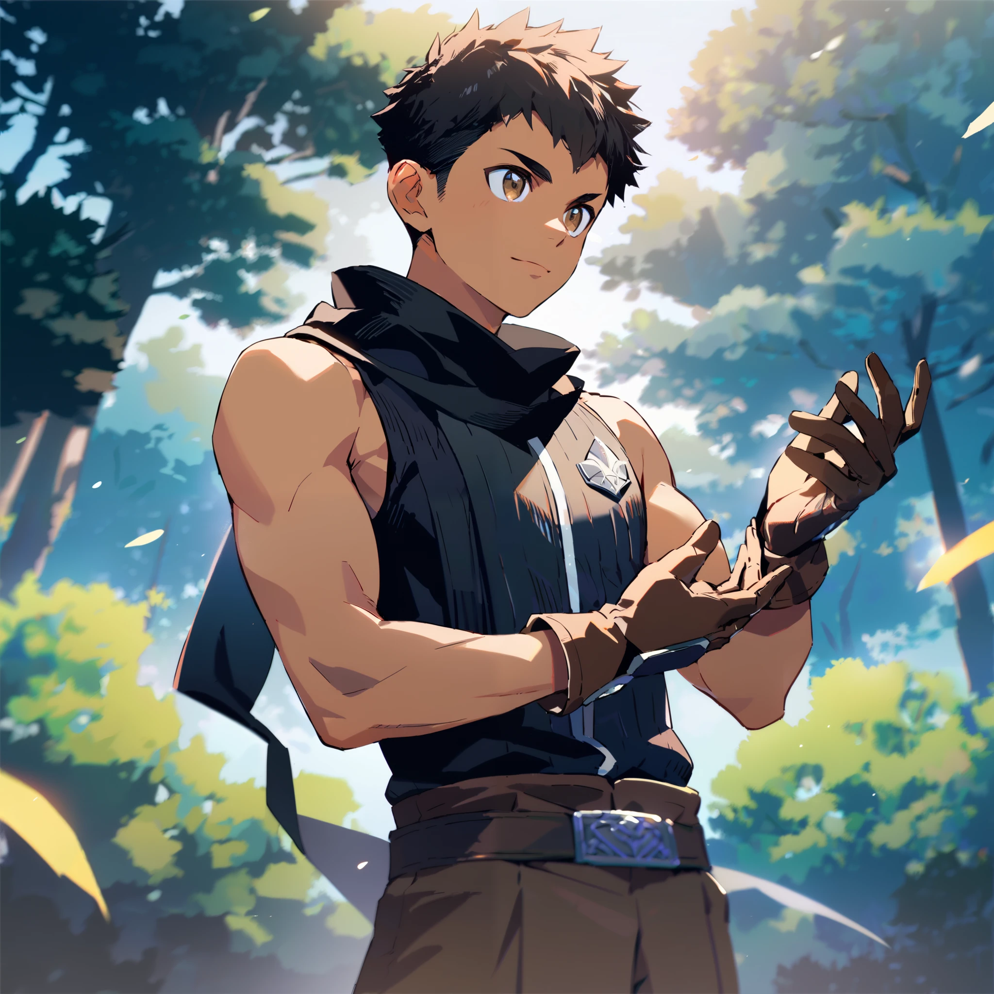 ultra detailed, master piece, best quality, cowboy shot, young male, detailed eyes, detailed hands, dark skin male, whole body, muscle, black hair, expressive brown eyes, brown gloves, black sleeveless top, black scarf, dark brown shorts, posing, forest background