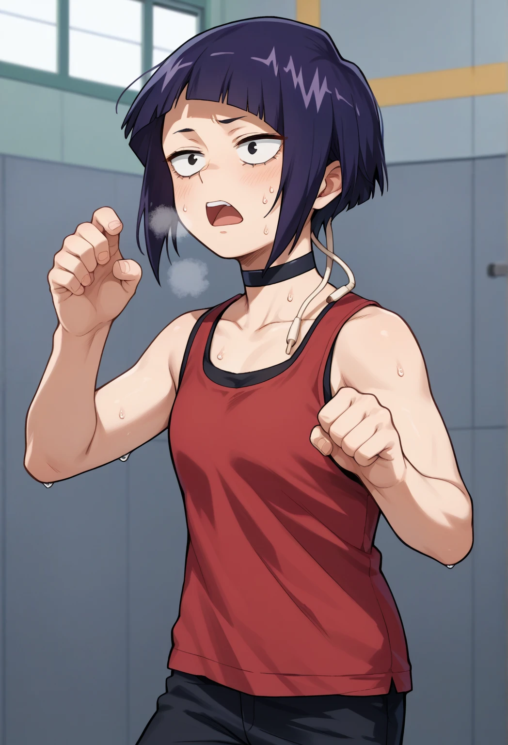 A cute high school girl sitting and crying while wiping her tears with her hands and looking down、Are depressed、Many scars and bruises、Slender body、After a crushing defeat in a martial arts match、Sad look、sitting in the basement waiting room、Very sweaty、Short black hair、Poor body、Small breasts、Sports Bra、High leg shorts、Open Finger Gloves