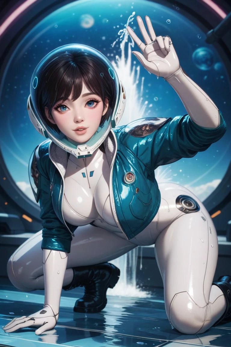 korean, Front viewer, a hyper-realistic and ultra-detailed photo of a beautiful girl, ultra-realistic, 1 girl,  looking at the viewer , white bodysuit, blue jacket, blue shirt cropped jacket, (futuristic glass and metal space helmet:1.3), Perfect Eyes, perfect big breasts, full body:1.5, boots, at a rock pool:1.3, wet, splashes of water:1, boots:1, leaning forward face up close, short hair, sexy, waterfall:1, medium breasts, resting