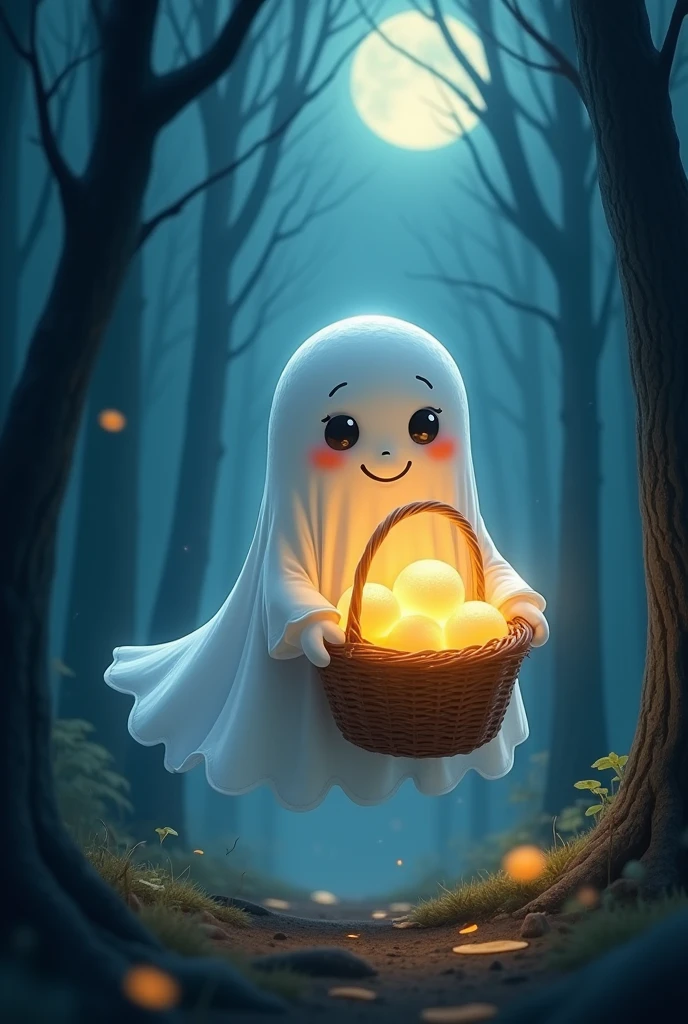 A digital illustration of a ghost holding a basket, the ghost is semi-transparent and floating in the air with a soft glow. The basket is wicker and filled with glowing orbs, symbolizing mysterious energy. The ghost has a playful and friendly expression, with simple features, slightly tattered edges, and a faint bluish hue. The background is a dark, misty forest with tall, shadowy trees and a moonlight glow piercing through the mist. The colors emphasize cool tones like blue and silver, with contrasting warm golden light emanating from the basket. Created using: whimsical style, smooth gradients, soft textures, glowing effects, misty atmosphere, vibrant contrasts, high-definition quality, and a fantasy-inspired look. --ar 1024x1024 un fantasma que se encuentra a un elefante