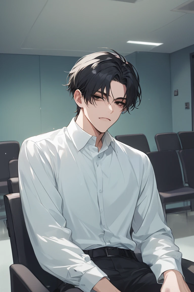 In the conference room, there is a handsome boy standing up, eyes closed, short black hair, white T-shirt short sleeves, super detailed, 4k, super detailed