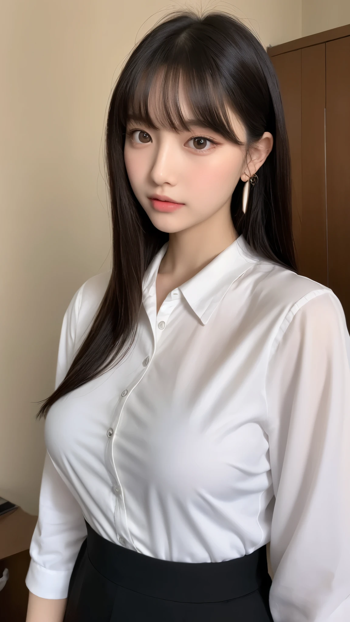 (( best quality , 8k, masterpiece :1.3)), (( Super Big Breasts )), (((whole body)))、 black hair,OL、Office Background、 dull bangs, hair behind the ear , hair hanging over shoulders, long hair, Ultra Fine Face, Thin face, Delicate lips, beautiful eyes, Light blush,Perfect glowing skin, perfect skin,Look here, white Y shirt、 black skirt、I don't wear piercings、 first-person view, Super Details ,