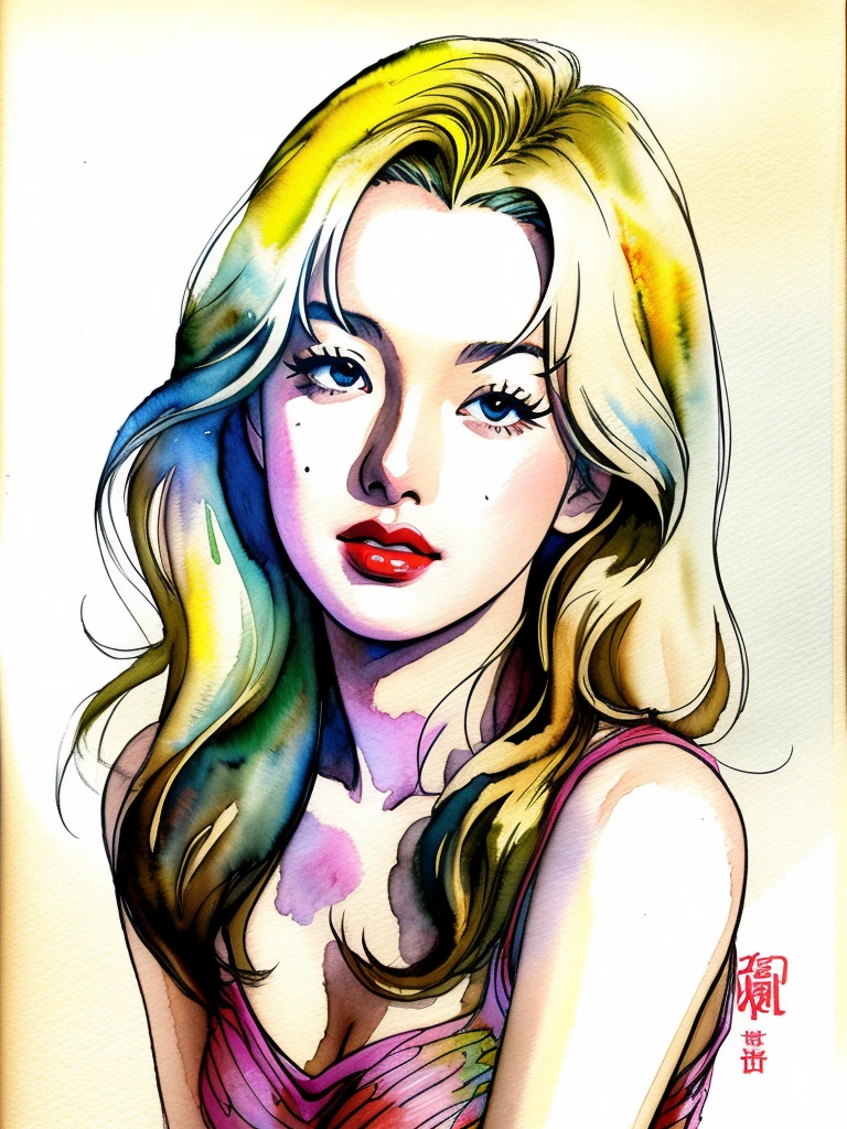 (Joey King:1.0, blended with Ariana Grande:0.5), full body portrait, line art, high-quality ink drawing, ultra-detailed, realistic shading, vibrant colors, elegant posture, hanging out, small breasts, vivid colors, flat image, top knot, blonde hair, wearing a dress, and flats