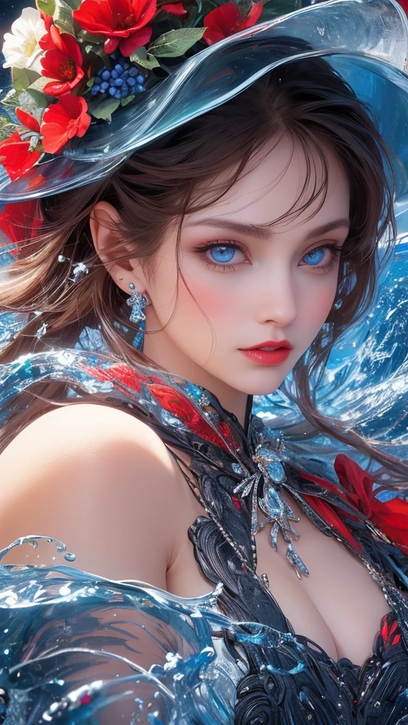 A beautiful woman face close up, seductive look, sharp face, blue eyes,red lips, Majestic artistic look,water pouring on her face, ultradetailed, perfect composition