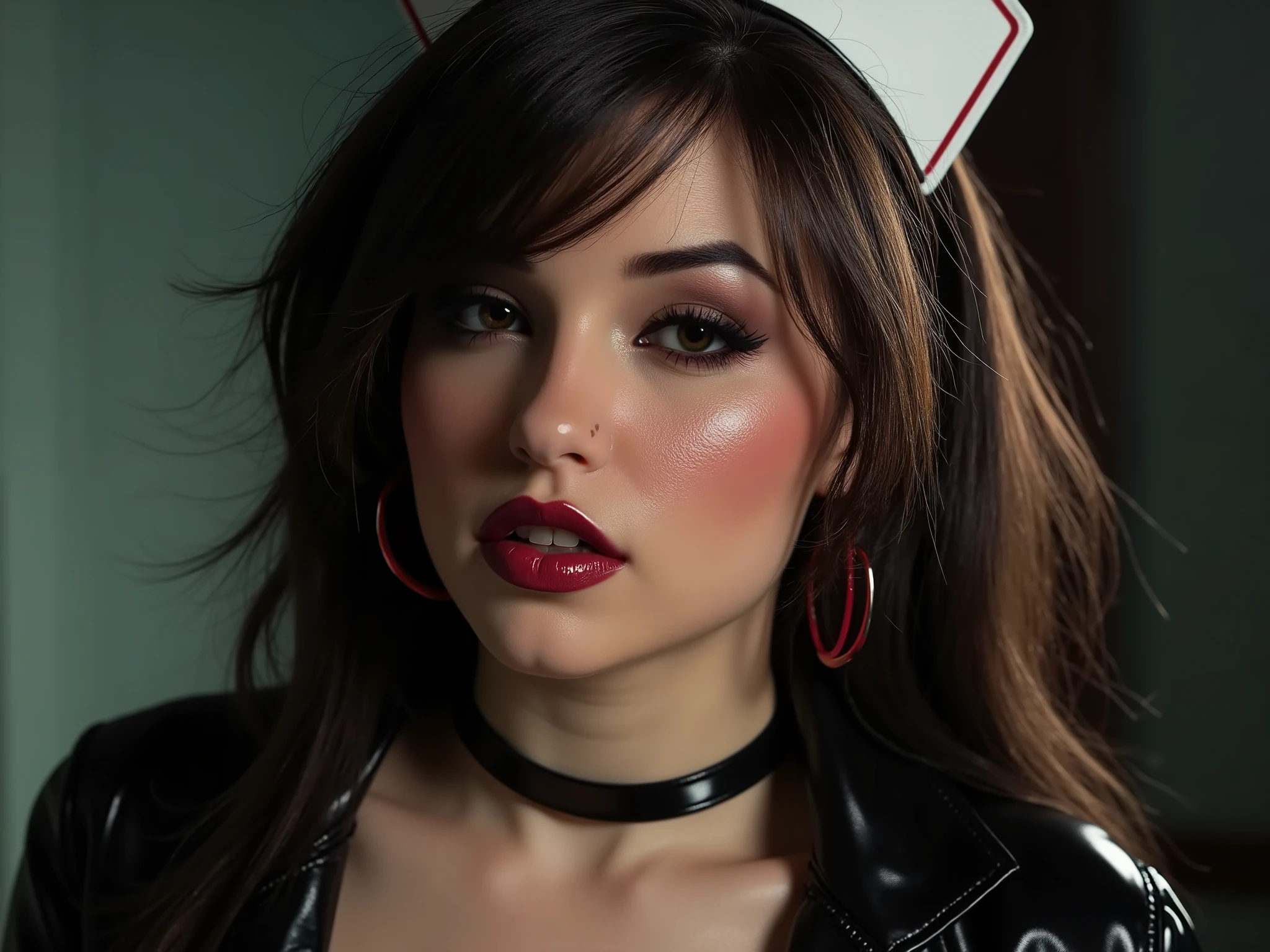 close up portrait of a nurse wearing a latex uniform, she is wearing red lip gloss, latex, kinky latex, latex choker, nurse hat, deep red lip vinyl gloss