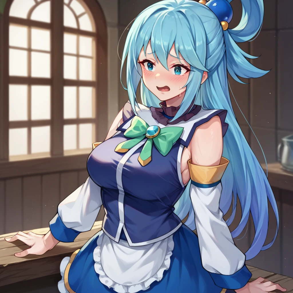 Aqua de Konosuba wearing blushed maid clothes 