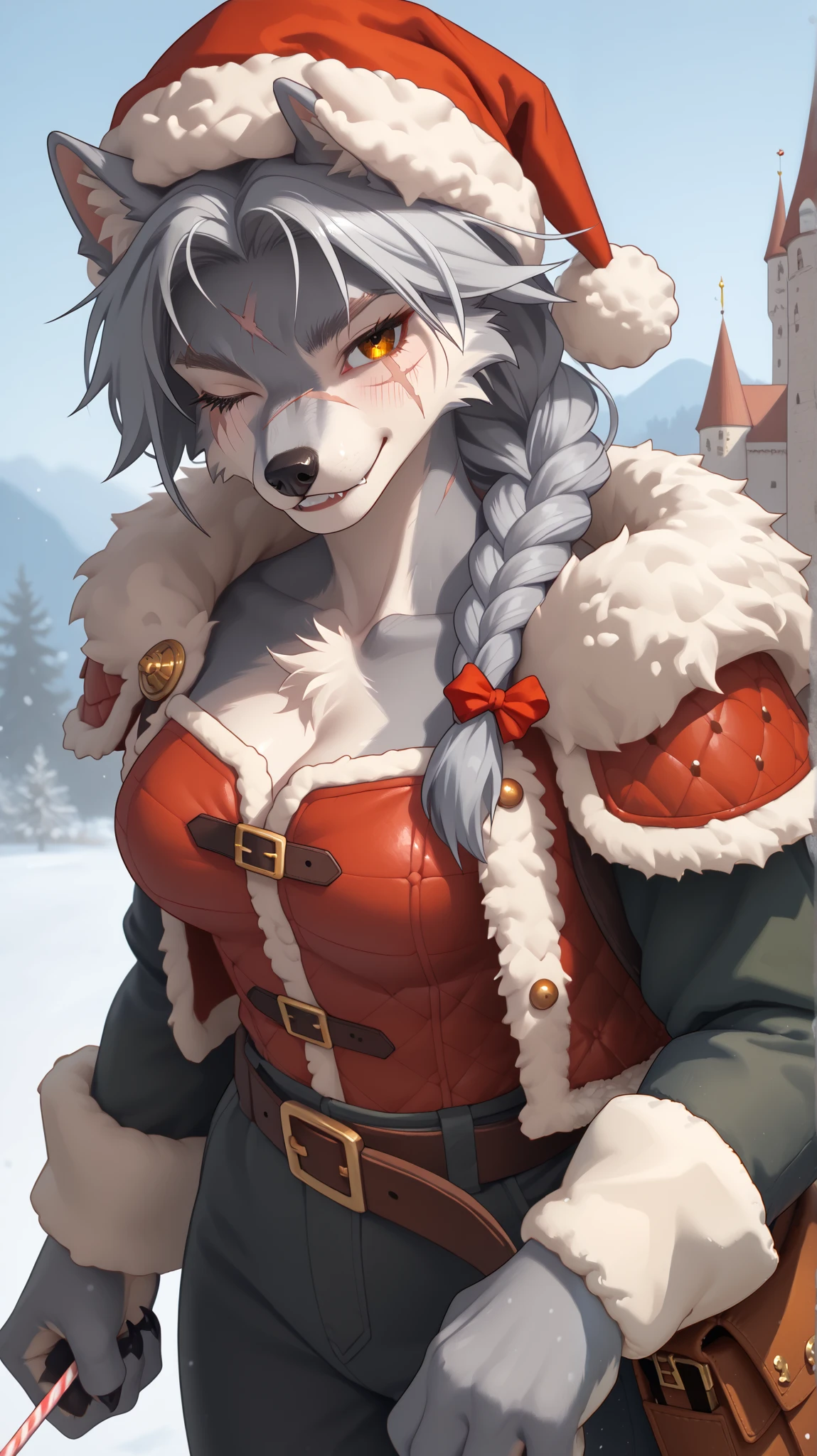 (zPDXL2), (PonyXLV6_Scores), Expressiveh, rating_questionable, wide angle, three-quarter portrait, BREAK
lhata4564, d3t41l3d, solo, 
anthro furry female, wolf, amber eyes, grey fur, long silver braid haircut, medium breasts, cleavage, chest tuft, dark, ((right eye closed, eye scar, face scars, body scars)), (santa armor, hat, pants, jacket, belts, bandoliers)), standing, (holding candy and bag), training, w arms, looking aside, subtle smile, top down view, (winter background, medieval castle, snow field:1.35), BREAK, eyes, hands, (5 fingers on each hands:1.2), paw feet