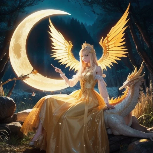 Princess (blonde hair, wearing a long dress, holding a magic wand), background (forest, moon), Chinese dragon (one, five-clawed golden dragon, two wings), princess riding a dragon  