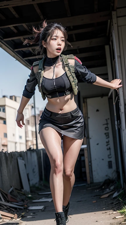 1girl, japanese, standing,facing viewer, brunette, short hair, smiling, fullbody, tall, large chest, muscular, ankle boots, skirt, hands on waist, athletic, powerful, glasses, midriff, smile, super model, giantess, at a village, giantess, gts, (Ground View), GTSCity, looking at viewer, smile,