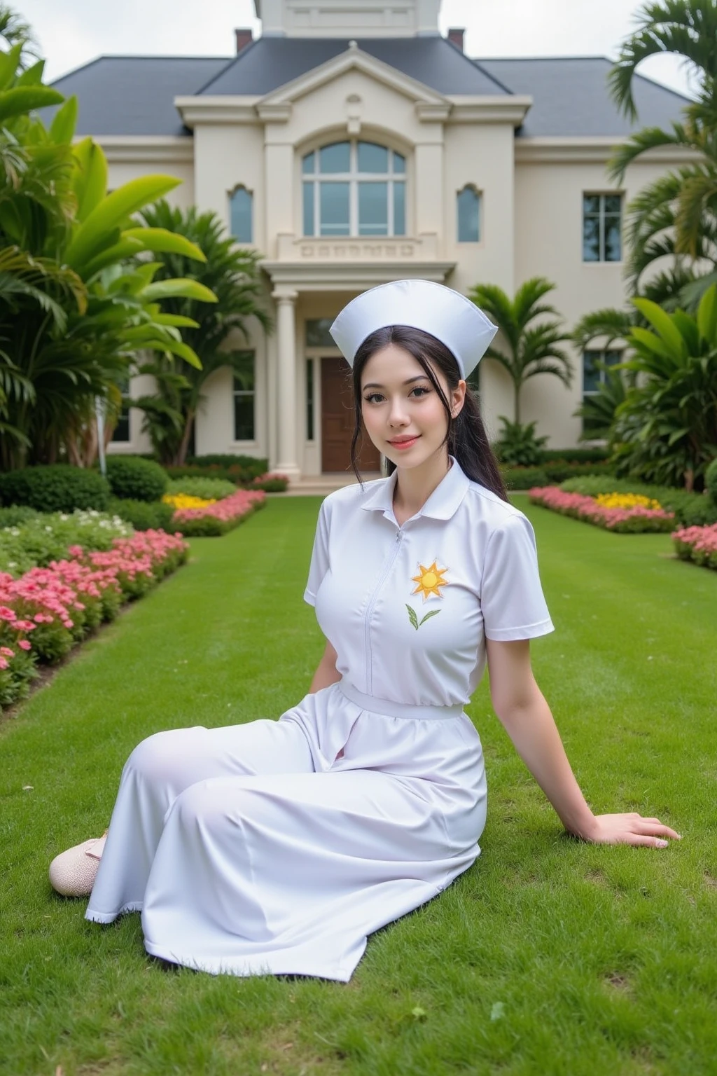 
“A young nurse in uniform sitting gracefully on the edge of the lawn near vibrant flower beds, hands resting softly on her knees, gazing directly at the camera with a gentle smile, the grand academic building and lush greenery providing an elegant and serene backdrop.”