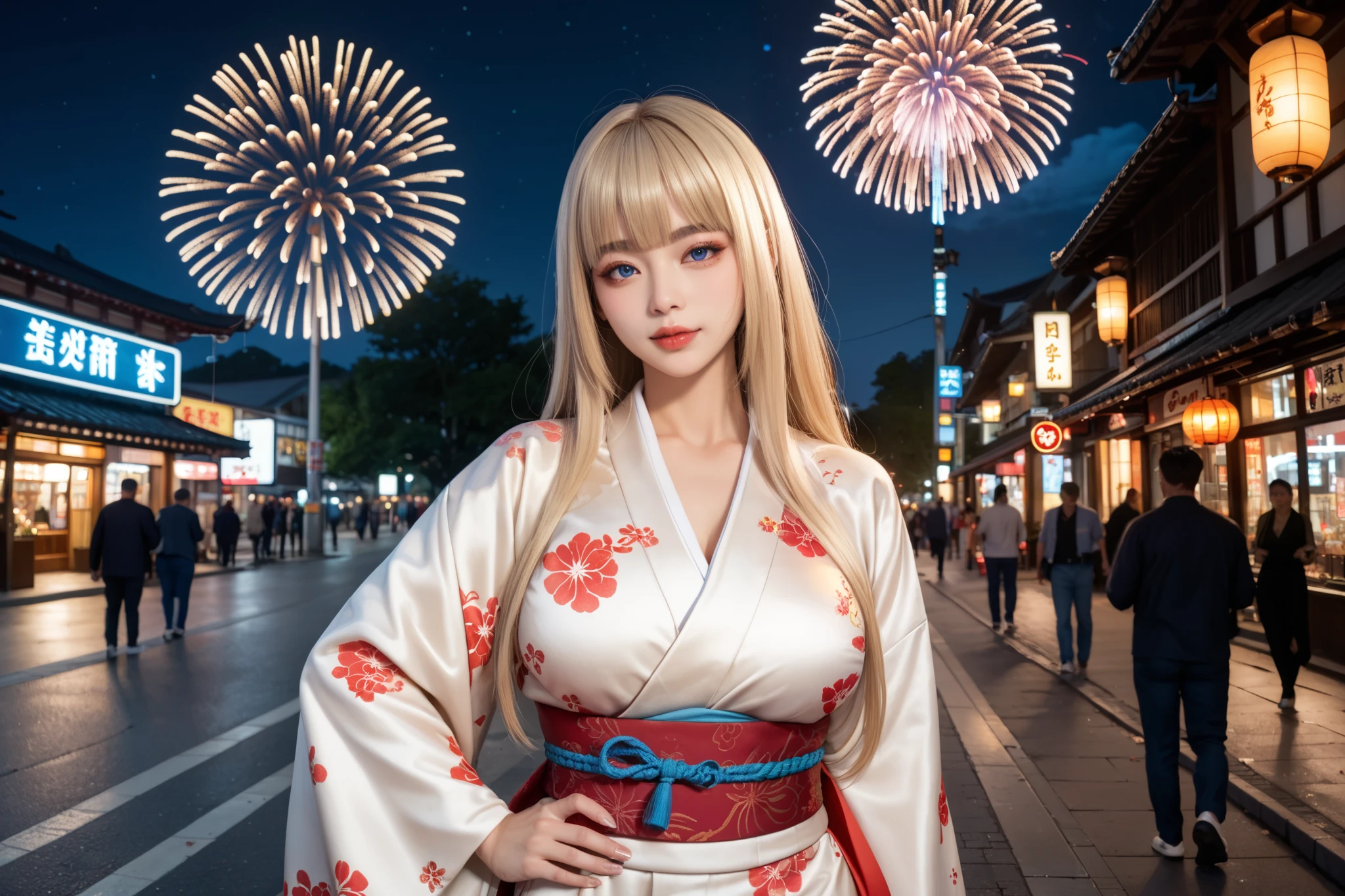 ((natta、Watch the fireworks、natta、))1girl in、Beautiful blonde girl、Russian woman and half in kimono、Kimono、a blond、length hair、cleavage、Russian Beauty、Detailed duplex、Top image quality、sitting on、Kimono