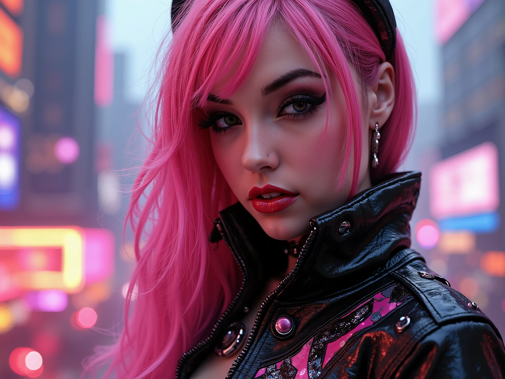cyberpunk woman wearing an outfit comprised of varying shiny materials such as latex pvc wet look, deep red lips, lip gloss, shiny gloss, intricate detailed clothing, pink hair