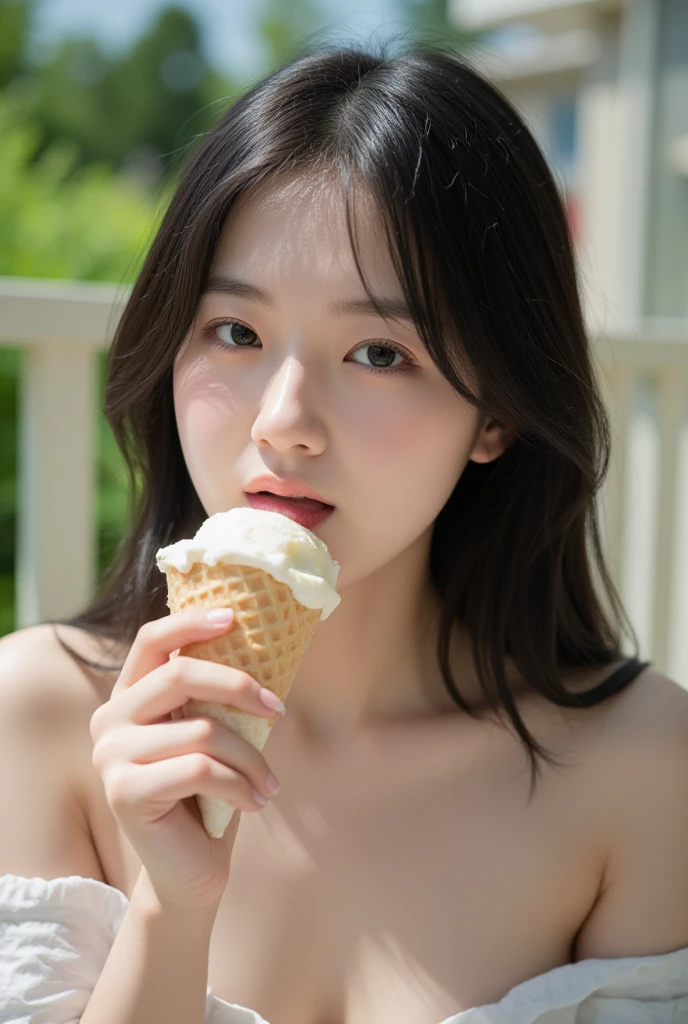 (A 20-year-old Japanese slender beautiful girl), (C cup breasts,:1.5,),(solo,Textured skin, High detail, Highest quality, Super detailed, Surrealism, realism,8k,RAW Photos,Professional Lighting),((Holding soft-serve ice cream in your hand)),Two Side Up, Face of patience, Dowel dowel shirt