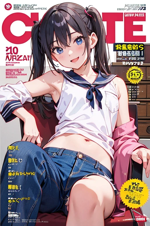 (superflat, flat shading, flat colors:1.1), (magazine cover), young teen, small breast, school uniform, white panties, sitting, smile, volumetric lighting, soft light, bright, colorful, watercolor, analog
