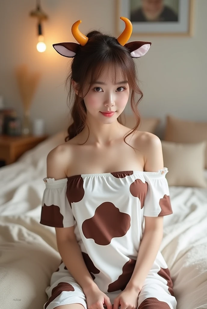 (Best Quality, 8k, 32K, masterpiece, ultra high definition: 1.3), (K-POP idol: 1.3), 1 ultra realistic Asian girl, (giant breasts: 1.7), (short hair), Perfect shape, Ultra Fine Face, delicate lips, Pajama bed cow ears bikini with double eyelids Beautiful Eyes (sultry, sexy) ((woken up: 1.5))