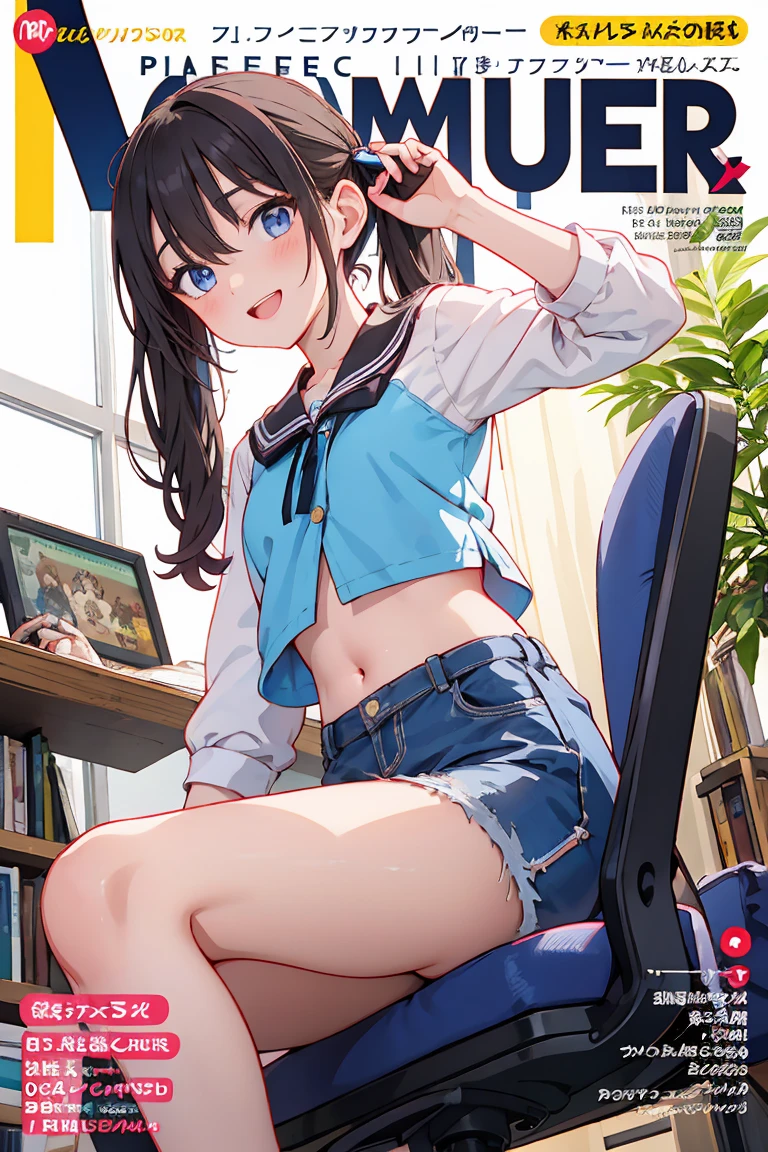 (Masterpiece), ( best quality ),   Details,  Otaku Girl  , difficult,  twin tails,  wavy hair  twin tails.hair between eyes, Dark Blue Eyes  ,smile, Masterpiece,  best quality , up to date,( taut chest:1.2), (Pointed Chest:1.2),(from below:1.4, best quality ), girl  ,  dark platinum colored hair  、Otaku uniform :1.2,  purplish blue eyes that the dreamer wants , ((Otaku Girls)), dark,  messy hair, Hair above the eyes, blush,Armpit hair, (  half sleeve t-shirt  ), shorts,  Sit in a Gaming Chair, Otaku Room,Play PC Games  :1.3, small breasts,  skinny, open your mouth, ( nerd game magazine cover :1.3),(with sparkling eyes and a contagious smile),Her Thin Pubic Hair :1.2,  Look at the Viewer 