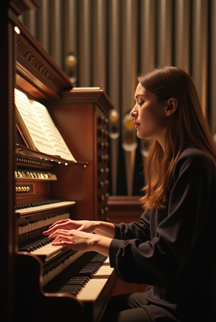 A beautiful woman playing a large pipe organ