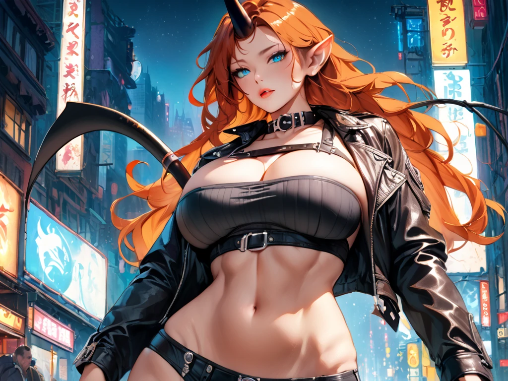 Sexy elf pointy ears with earrings, medium hair, redhead, beautiful yellow eyes, big black horns on head, big breasts, Langerie Red, tribal tattoo on shoulder, City Night Neon background