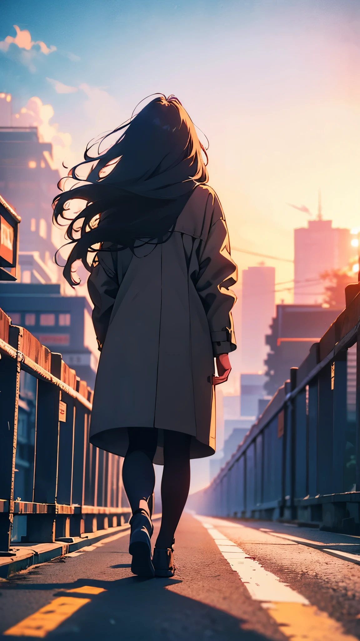  Fall Fashion 、Beautiful back view、Walking、 good style、 wearing a coat、 long hair、City