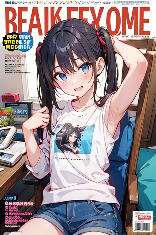 (Masterpiece), ( best quality ),   Details,  Otaku Girl  , difficult,  twin tails,  wavy hair  twin tails.hair between eyes, Dark Blue Eyes  ,smile, Masterpiece,  best quality , up to date,( taut chest:1.2), (Pointed Chest:1.2),(from below:1.4, best quality ), girl  ,  dark platinum colored hair  、Otaku uniform :1.2,  purplish blue eyes that the dreamer wants , ((Otaku Girls)), dark,  messy hair, Hair above the eyes, blush,Armpit hair, (  half sleeve t-shirt  ), shorts,  Sit in a Gaming Chair, Otaku Room,Play PC Games  :1.3, small breasts,  skinny, open your mouth, ( nerd game magazine cover :1.3),(with sparkling eyes and a contagious smile),Her Thin Pubic Hair :1.2,  Look at the Viewer 