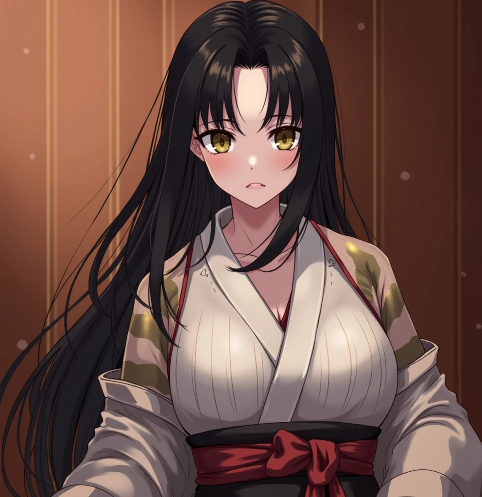 ((masterpiece, best quality, high resolution, UHD, pixel perfect, depth of field, 8k, RTX, HDR))cowboy shot, BREAK, 1girl, single, alone, beautiful anime girl, beautiful art style, anime character,
((style of Akame Ga Kill!)),((long hair, black hair)), (purple:1.4, round eyes, beautiful eyelashes, realistic eyes), big chest 1.5, with cleavage, neckline, blushing, wears a red band on her head, with a white Busdist kimono, BREAK, in pose dynamic, holding a katana with one hand in a old dojo of japan