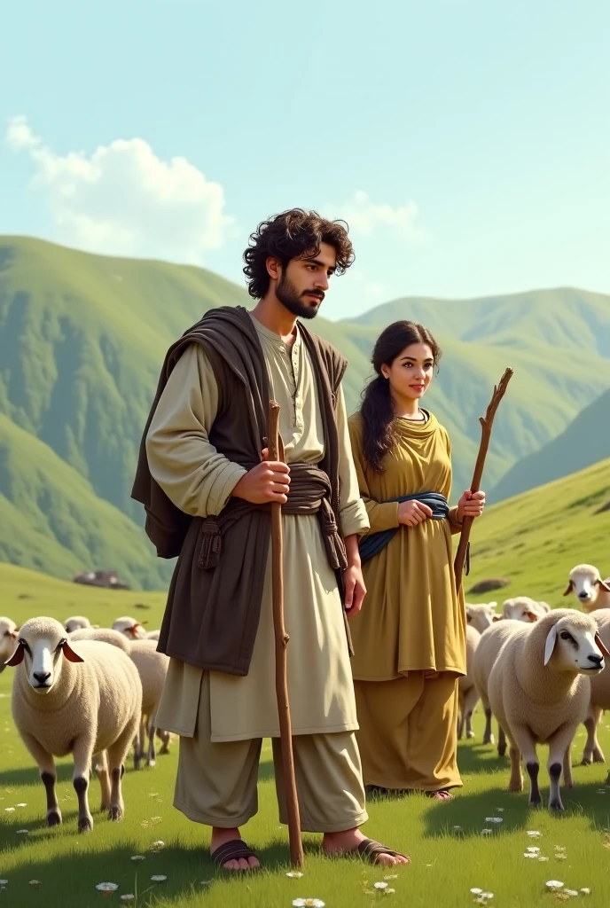 在好的Diffusion生成中:
"1 King David, biblical character, authentic features, sheepherder's clothing, young, staff in hand, scenery with green fields, sheep grazing around, cheerful atmosphere."