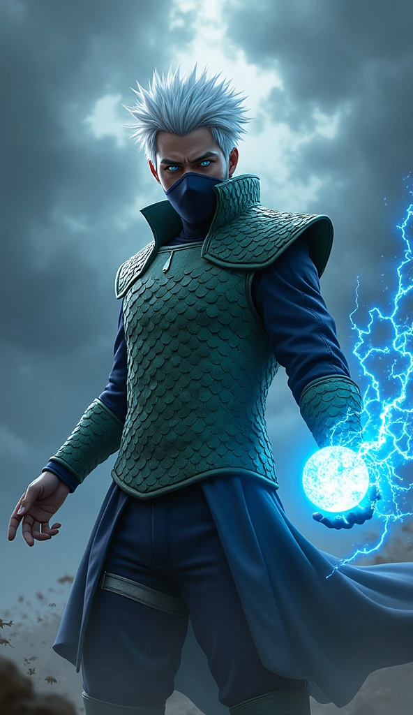 Hatake Kakashi in Naruto movie wears armor from dragon skin, realistic ,Thunderball held, glowing blue eyes