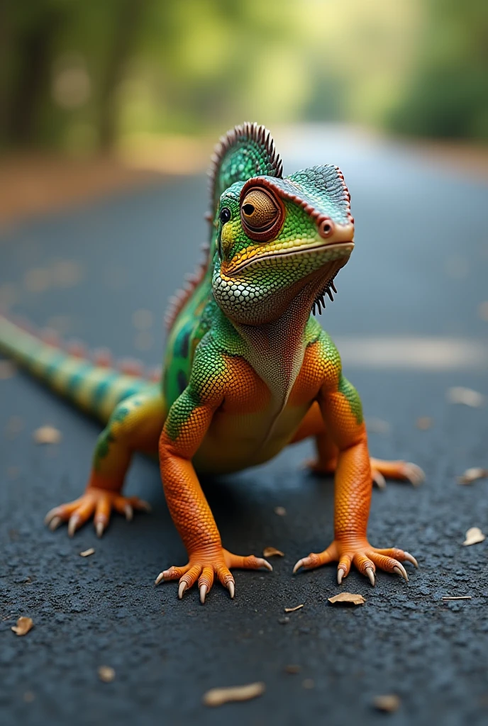"Create a hyperrealistic image of a chameleon lizard walking on an asphalt road. The chameleon should feature detailed skin texture, vibrant, intricate color patterns, and a lifelike appearance. The road should have small cracks, natural debris like dry leaves or pebbles, and be set in an outdoor environment with soft, natural lighting to enhance realism."