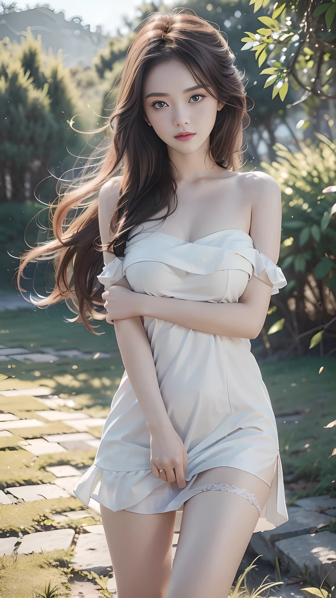 ((realistic raytraicing,Best Quority,8K,a masterpiece of:1.3)),1girl huge large breasts,Little moles under the eyes,ssmile,,Small moles on the breast,Pretty woman with slender figure:1.4,Abs:1.1,Korea,paleskin,(Floating wavy silky yellow hair,Breezy hair,Big_breasts:1),(Deep_Cleavage),white offshoulder shirt:1.2,long sleeves wet by wind,(Sweaty wet skin:1.3),standingn,Mountain night, campfire light, Super delicate face, finely-detailed eyes, 双眼皮, shiny skins, cowboy lens,(Wear a white miniskirt,Wear long white stockings:1.2
