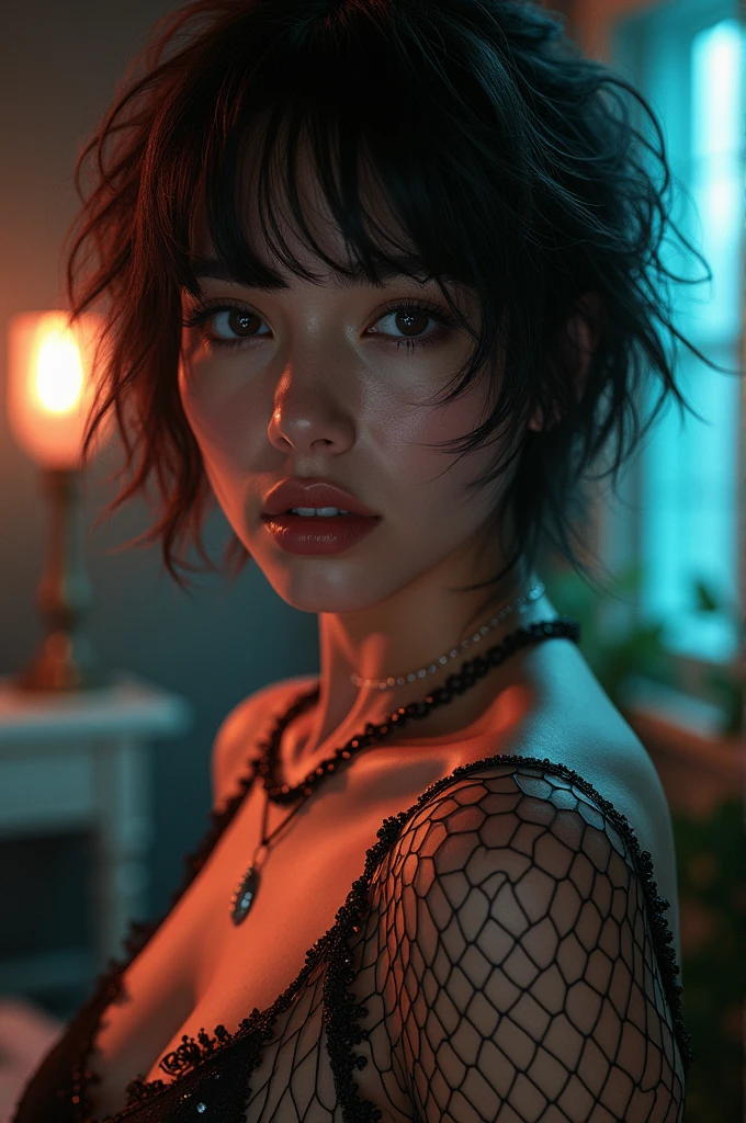 NSFW,open legs pose, ????? pussy, open legs pose, ((raw photo), absurd, (absurdresolution)), ((full body view)), ((21 years)), beautiful girl, (Short, messy hair with bright neon blue highlights), (((The beauty of: Lisa, laLisa))), (deep gray eyes, seductive look, make up), ((ultra-sharp pupils, Red lipstick, blush)), ((seductive pose)), (((?????))), ((dark make up, Digital art, trend in artstation, highly detailed, good detail, Intricate, beautiful detailed glow, detailed, cinematic lighting, High resolution, detailed facial features)), ((Leaning on a riveted steel bridge beam facing the viewer)), (Photographic perspective), vivid, bright colors, (((bottom: dark city at night)))