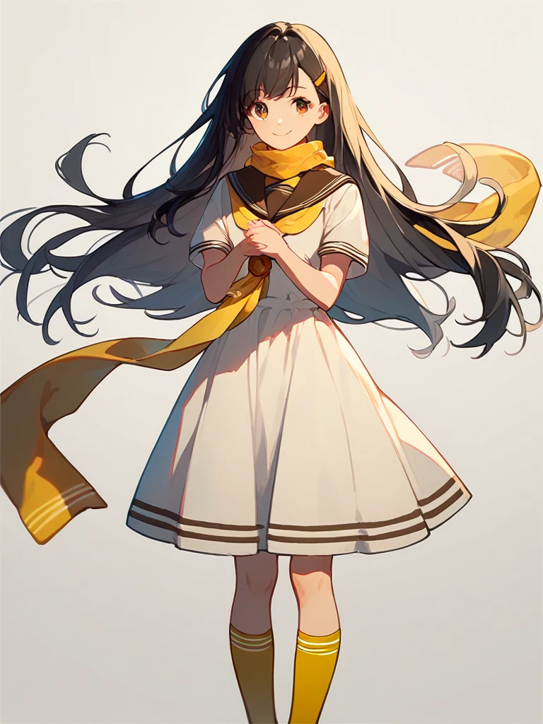 (score_9,score_8_ up,score_7_ up, ),
TMLH _such as, long hair, black hair, 1 girl,white dress,smile,yellow socks, brown sailor color,Short sleeve,  sailor dress , standing, yellow scarf , brown eyes, simple_background,white_background,Alone、three view drawing,