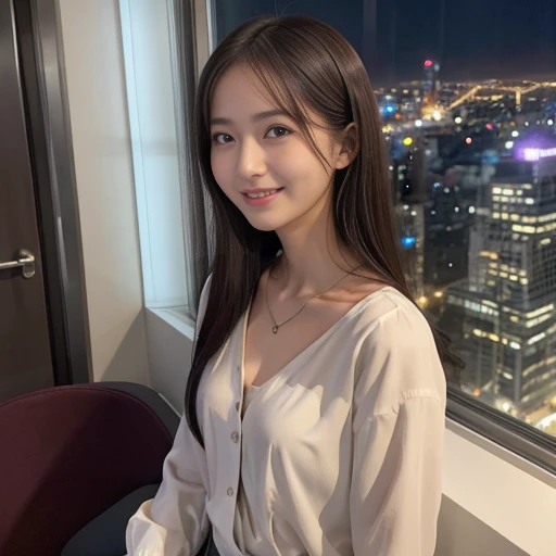 black ladies spring clothes、The clavicle is visible、small bust、A little bit of cleavage is visible、The background is the cityscape as seen from a 10th floor apartment building.、