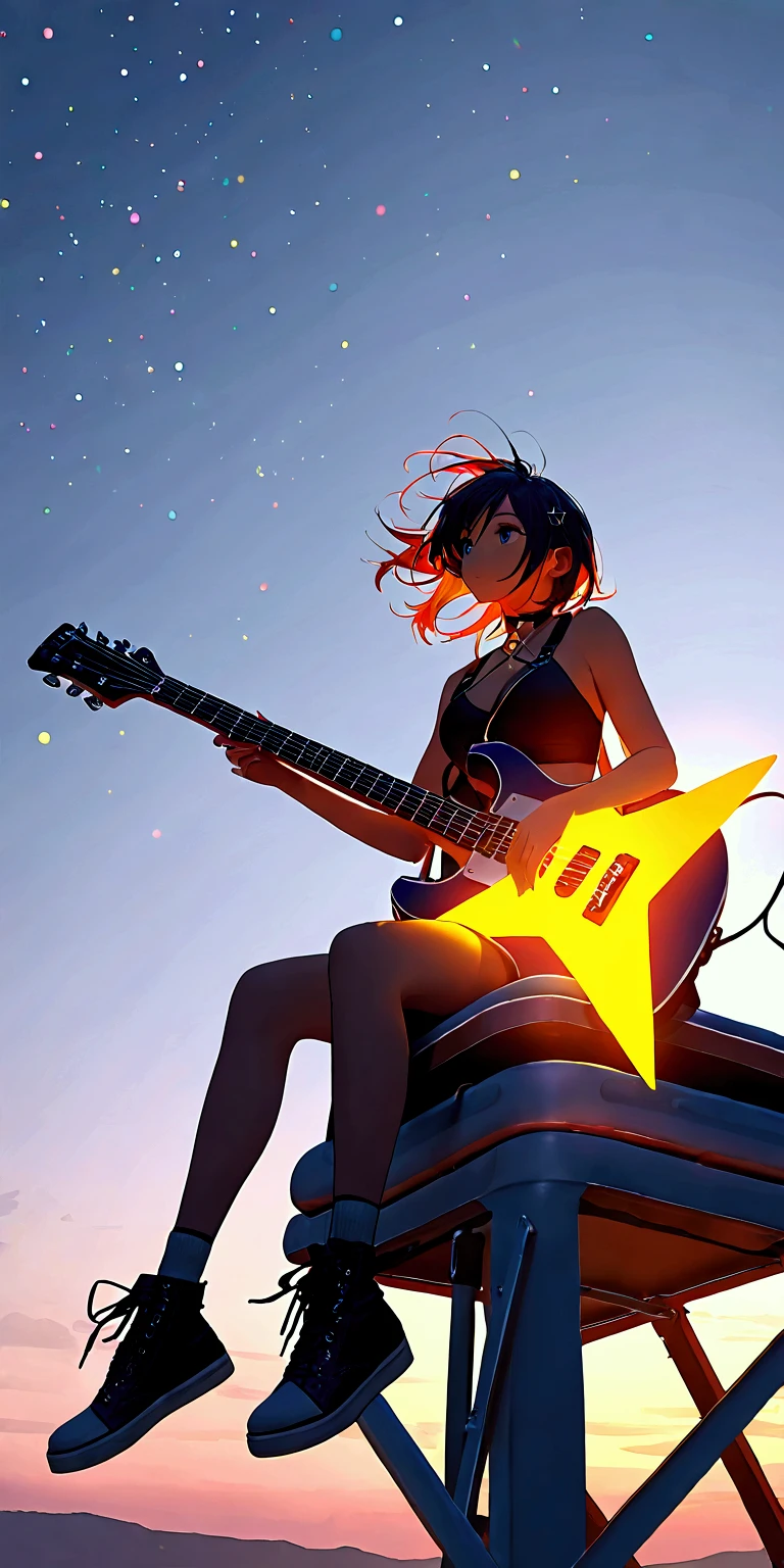 night, 1 Girl, holding electric guitar, clavicle, beach, Starry Sky, fantasy, magic, mystery, Ethereal, sublime atmosphere, dreamlike, Dramatic Lighting, high quality, Octane Rendering, Epic scene, 