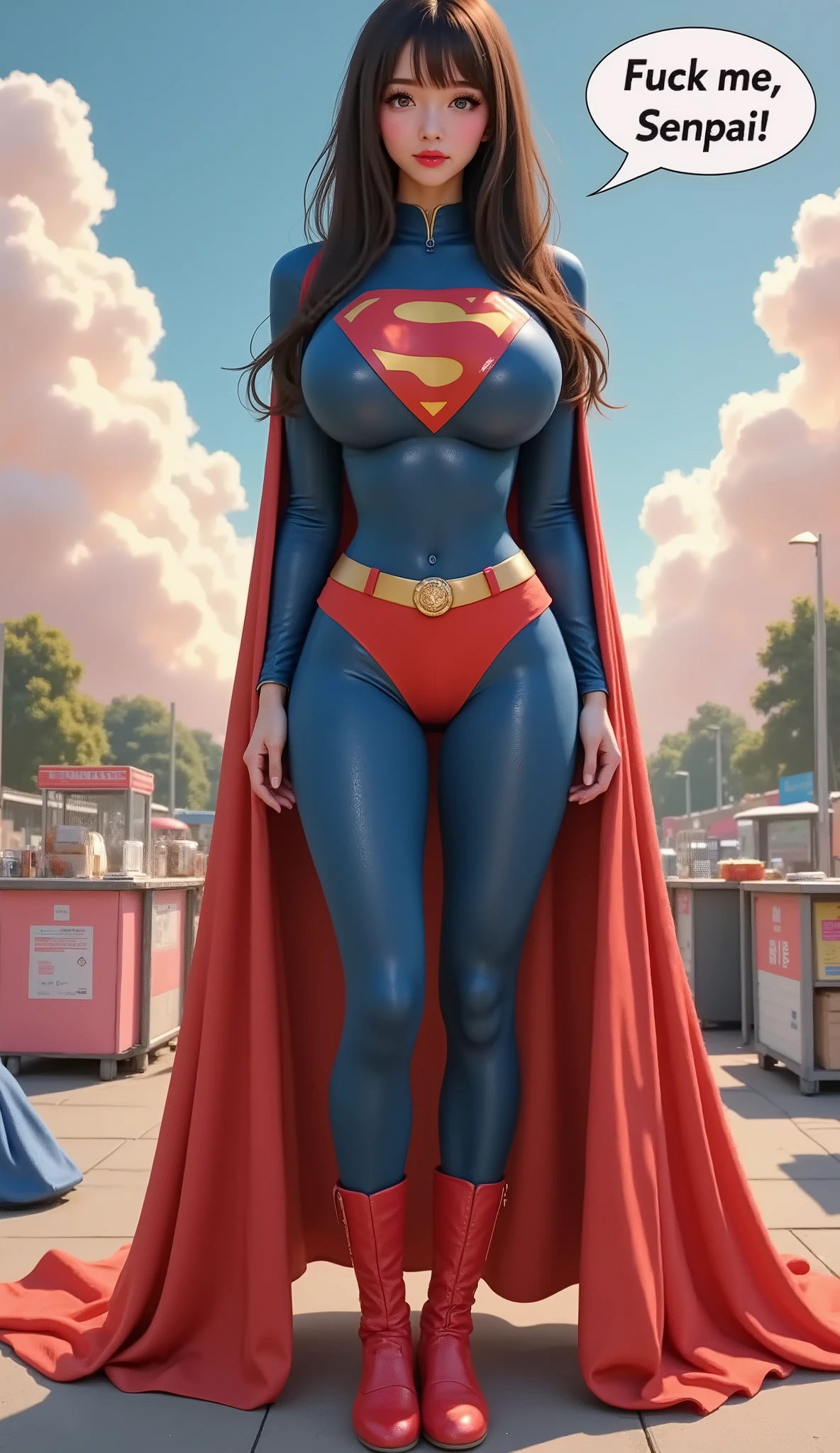 BOMBARDED BY SUPERMAN MUSCLE ENHANCHING RAYS. A SEXY YOUNG KOREAN GIRL WITH BLUE EYES, RED GLASSES AND BLACK JAPANESE BRAIDED, WEARING A BLUE SPANDEX 1980 SUPERMAN SUIT, RED SUPERMAN BRIEFS, RED BOOTS, YELLOW SUPERMAN BELT, AND A LONG RED CAPE STARING AT THE VIEWER. PHOTO REALISTIC, INTRICATE DETAILS, INTICATE TEXTURES, PROESSIONAL 4K PHOTOGRAPHY. STANDING. GIANT "S" EMBLEM ON HER CHEST (*A TEXT BUBBLE WITH A FUCK ME SENPAI SIGN*). PERFECT CHINESE FACE, PERECT CHINESE BLUE EYES, 3D CARTOON. SHE IS ANIME SUPERMAN