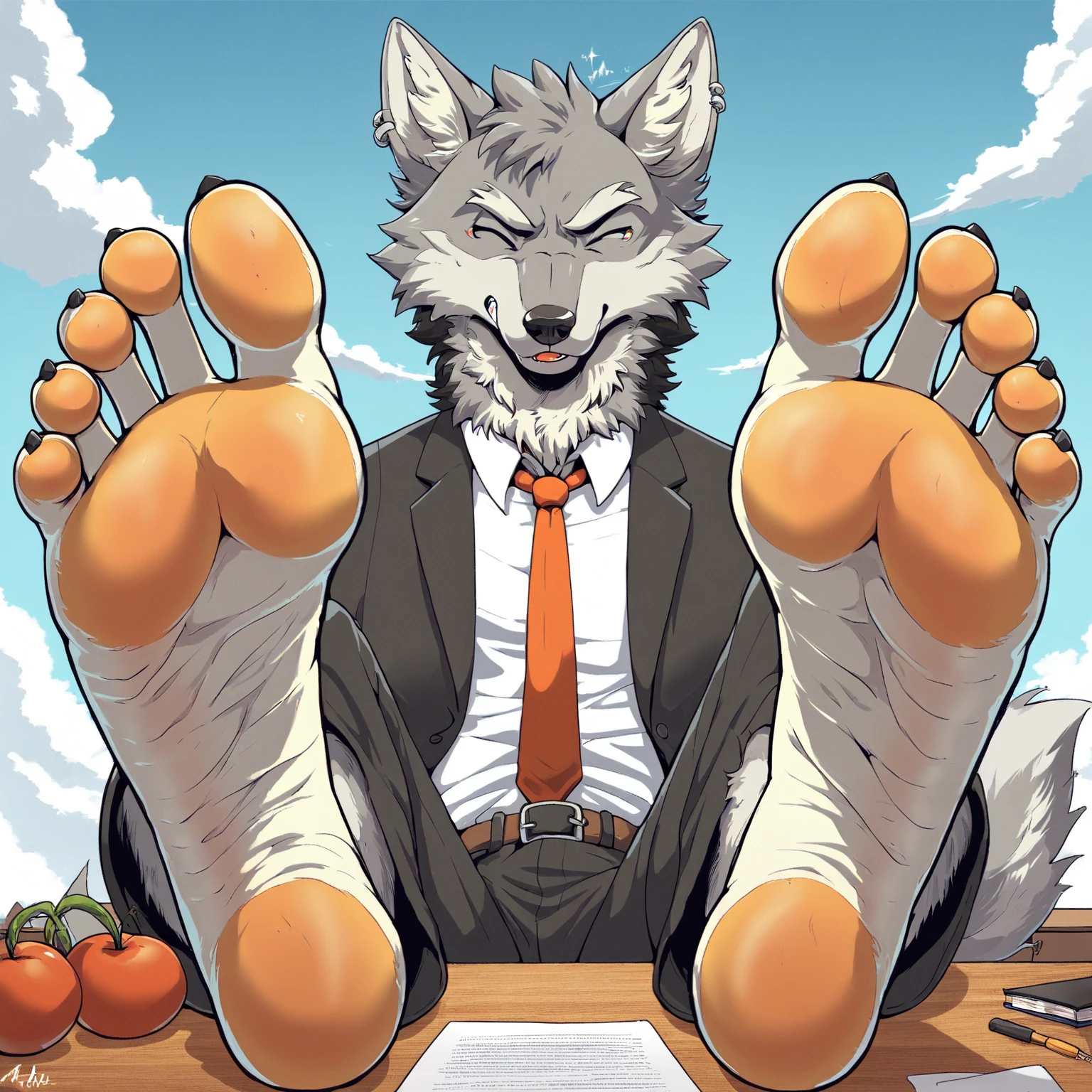 barefoot, Anthropomorphic, 1guy, wolf, Whit Black hair, five toes, in a business suit, with his feet on a desk in front of the viewer, tickling feet, obra maestra, alta definición, Detallado.