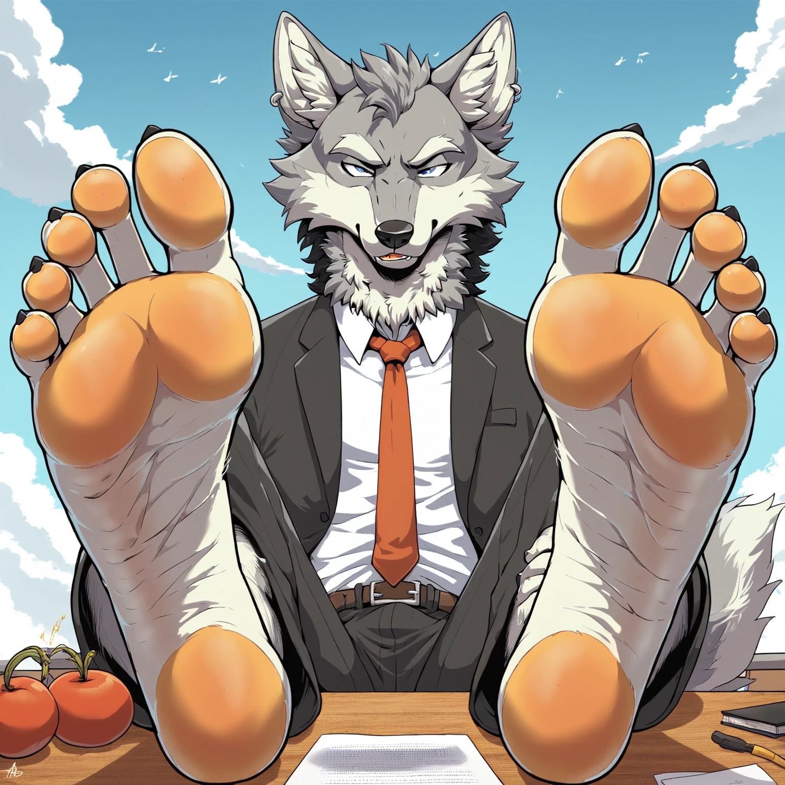 barefoot, Anthropomorphic, 1guy, wolf, Whit Black hair, five toes, in a business suit, with his feet on a desk in front of the viewer, tickling feet, obra maestra, alta definición, Detallado.