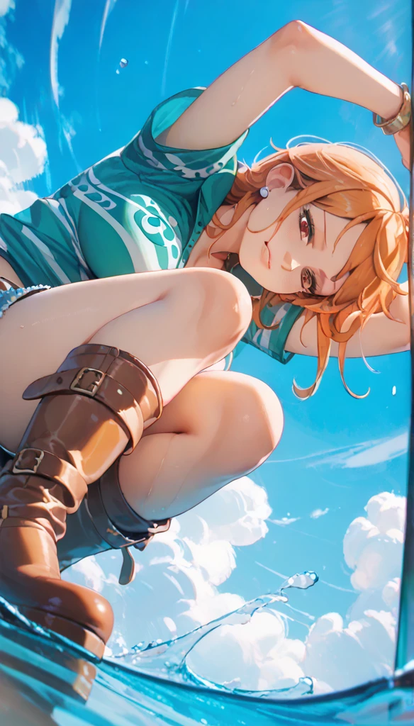 (masterpiece, Highest quality:1.1), (sheathに納められた武器, Weapon on the back, Sword on the shoulder:1.1), internal (dq3), One girl, alone, short hair, Brown Hair, blue eyes, Circlet, Large Breasts, Cleavage, Strapless, Blue clothes, Purple Cape, Knee socks, gloves, boots, belt, sheath,, knee boots, Simple Background,Highest quality,,masterpiece,(((Depict from the hips and back、Bend down and look down,One girl, alone, Outdoor,whole body)))