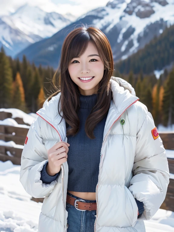 Japanese female elementary school student, belly button exposed, shoulders exposed, sweet expression, winter, Kluane National Park, Canada, snowy field