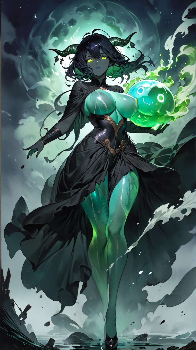 best quality,4k,8k,highres,masterpiece:1.2),ultra-detailed, extremely detailed eyes, extremely detailed body, (large masterpiece digital art), (detailed manga illustration), (detailed line art), ((perfect anatomy)), (intricate details:1.3), (ultra-detailed:1.3), (illustration:1.3), (sharp focus:1.3), (natural lighting:1.05), (vivid colors:1.3), (masterpiece), (best quality:1.4), (perfect anatomy:1.4), high quality, expressive eyes, full body, detailed face, beautiful face, perfect face, {1 woman}, dark ethereal skin tone, ((dark skin)), ((translucent skin)), large breasts, glowing obsidian horns, detailed ((midnight black hair interwoven with blue and purple)), liquid hair, slime girl, slime (substance), slime (creature), ((glowing eyes)), emerald (green eyes), dynamic lighting, 4k resolution, powerful yet elegant pose, ethereal smoke and mist surrounding her, dark energy aura, tendrils of eldritch energy swirling around her, faint celestial glow from her body, chaotic and mysterious background, supernatural atmosphere, Atey Ghailan, Jeremy Mann, Greg Manchess, Antonio Moro, trend in ArtStation, trend in CGSociety, Intricate, High Detail, Sharp focus, dramatic art by Midjourney and Greg Rutkowski, Marvel Comic style
