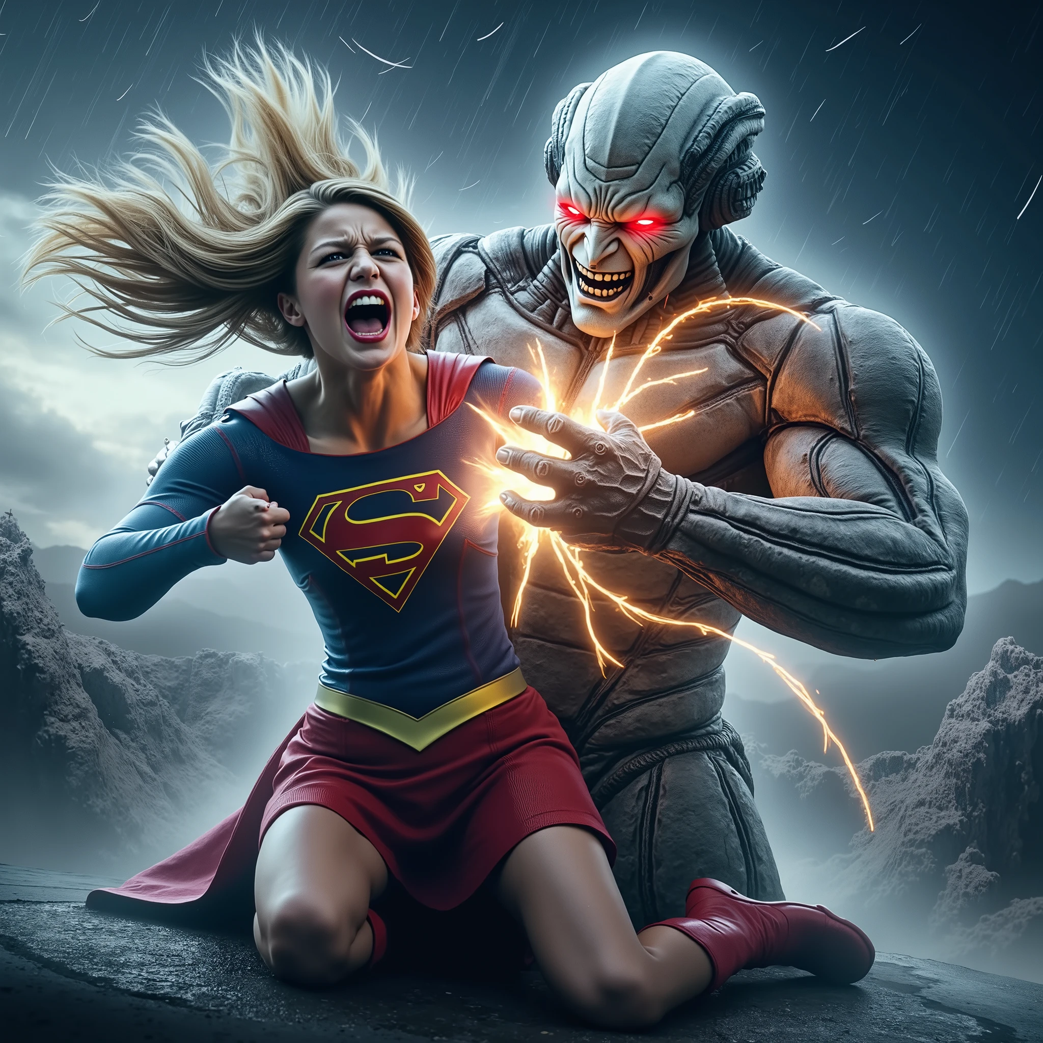 Supergirl is fighting with 2 big alien monsters, very bright white skin, can see whole body, She is wearing a thin black pantyhose, short red leather fabric skirt, red knee height long boots, blonde hair, lighting green collar on her neck, She is screaming in pain, seriously injured, painful, a huge body fierce Alien Monster hold and carry Supergirl body in his arms, photorealistic, hyper realistic, night time on the Mar with moon lighting,