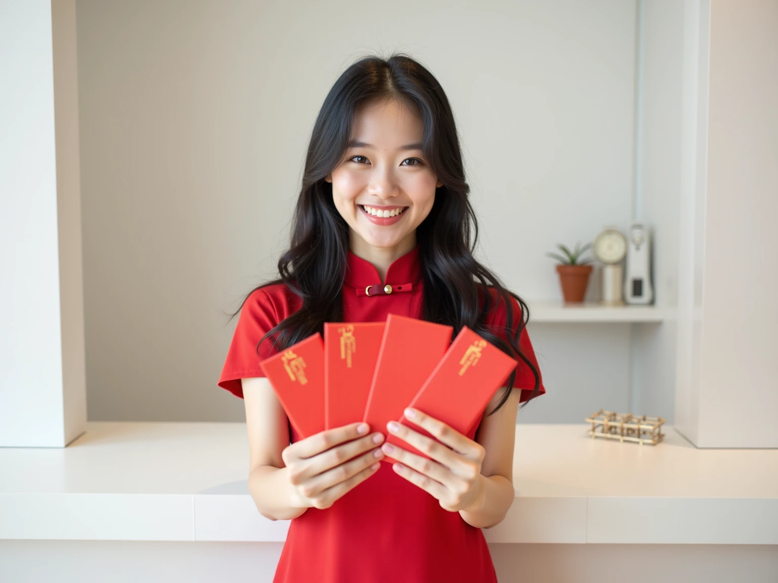 A beautiful, cheerful, and cute 18-year-old South Korean girl with a full-figured and well-proportioned body. She has long, straight black hair and is standing in front of a dental clinic counter, smiling warmly. She is holding four red ang pao envelopes with both hands, extending them forward as if offering them to you. She is wearing a vibrant red qipao dress. The area around the clinic counter is brightly lit, with white minimalist walls. The modern-style clinic counter behind her is white. The image should be ultra-high resolution and hyper-realistic, making the girl look as lifelike as possible.