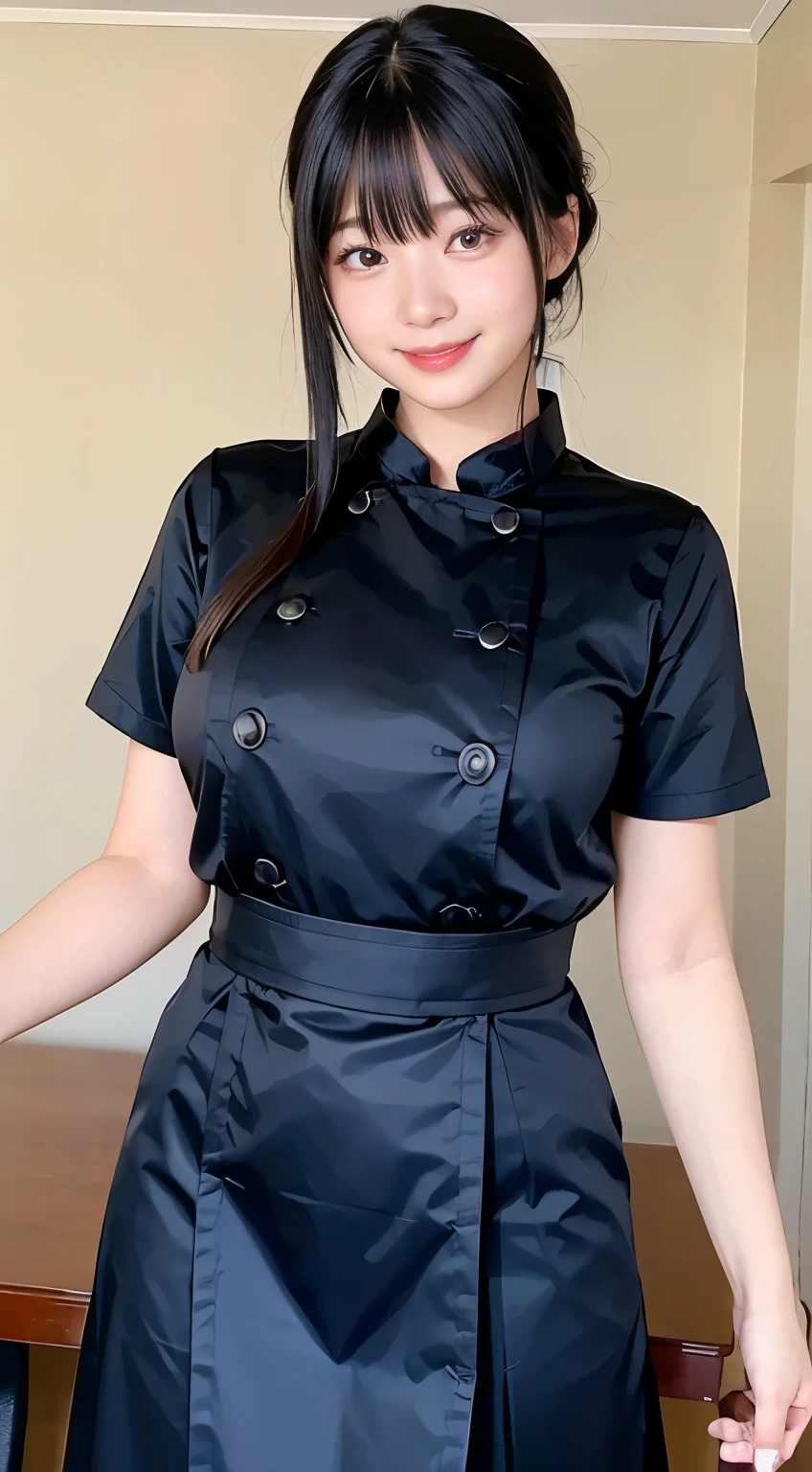(highest quality,masterpiece:1.3,Ultra-high resolution,),(Very detailed,Caustics),(Realistic:1.4,RAW shooting,)Ultra-Realistic Capture,Very detailed,High resolution 16K human skin closeup。 Natural skin texture、,pores、、、、It must be detailed enough to be easily identifiable。 Skin tone is even and healthy looking。 Use natural light and color,restaurant,Waitress Uniform,1 girl,Japanese,18-year-old,cute,Black-haired,ponytail,Big Breasts,smile,Turn your body forward,(Front view:1.1),Looking into the camera,Cowboy Shot,
