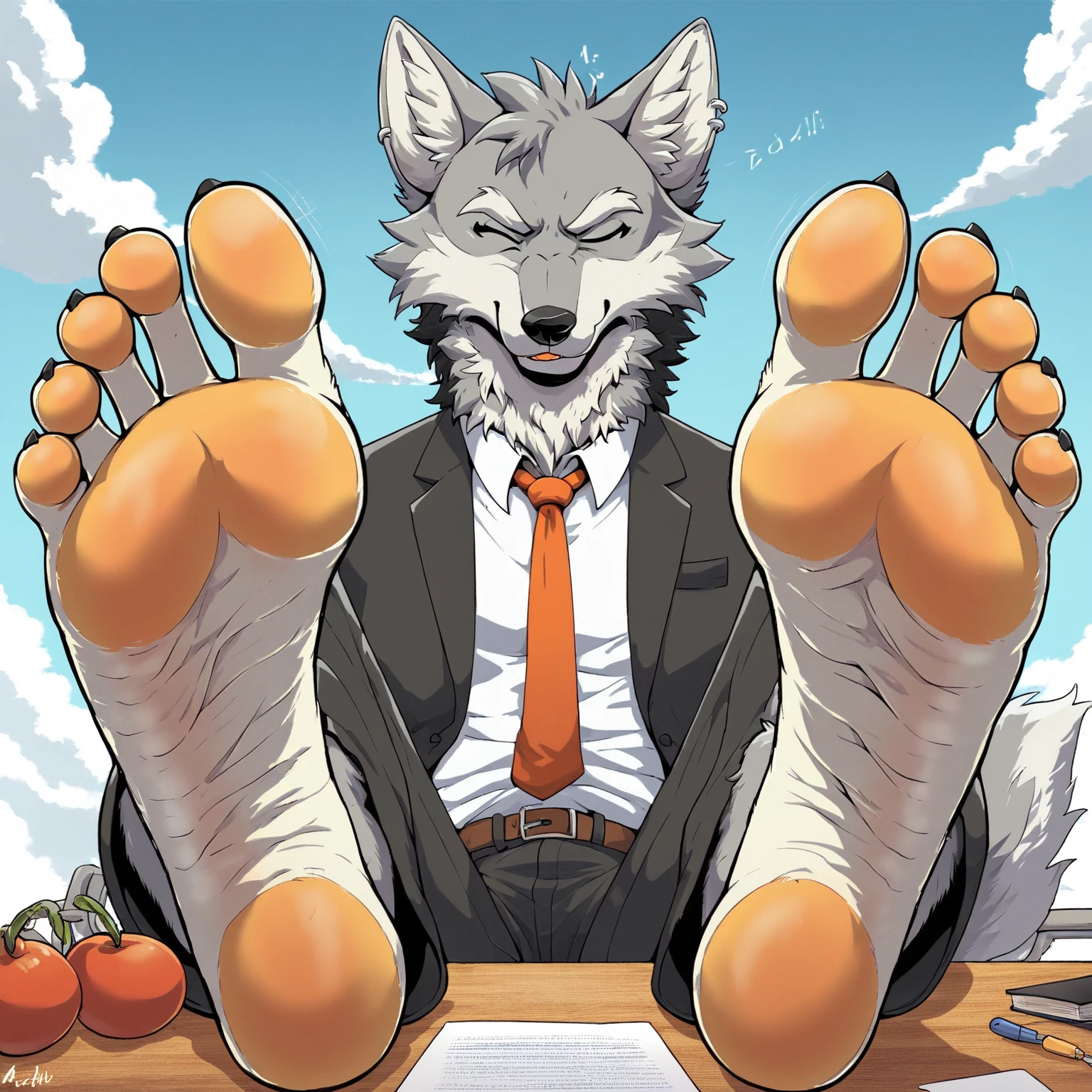 barefoot, Anthropomorphic, 1guy, wolf, Whit Black hair, five toes, in a business suit, with his feet on a desk in front of the viewer, tickling feet, obra maestra, alta definición, Detallado.