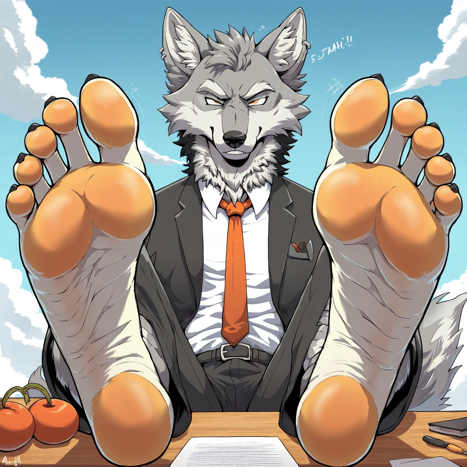 barefoot, Anthropomorphic, 1guy, wolf, Whit Black hair, five toes, in a business suit, with his feet on a desk in front of the viewer, tickling feet, obra maestra, alta definición, Detallado.