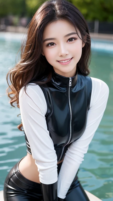 1 woman、Korean、Korean、cyberpunk suit、smooth rubber、tight suit、chest chuck、intricate details、high quality、(upscale:1.4)、Staring at me、ultra realistic 8k、Perfection face、perfection、clean、masterpiece、professional artwork、famous works、Perfection face、beautiful expression、beautiful eyes、short black hair、high heels、wet hair、very big breasts、best image quality、natural background、(focus on chest)、No pants, (RAW Photography:1.2)、top-quality、white, a beautiful detailed girl、tight water suit、latex wet suit, a smile、Twin-tailed、extremely detailed eye and face、beatiful detailed eyes、huge filesize、hight resolution、hight resolution、8k wallpapenely detail、Highly detailed ticker uniform 8k wallpaper、Light on the face、movie lighting、16-year-old girl、sexy pose、(photorealisim:1.4)、illustratio、surrealism、 frombelow、super detailing、masterpiece