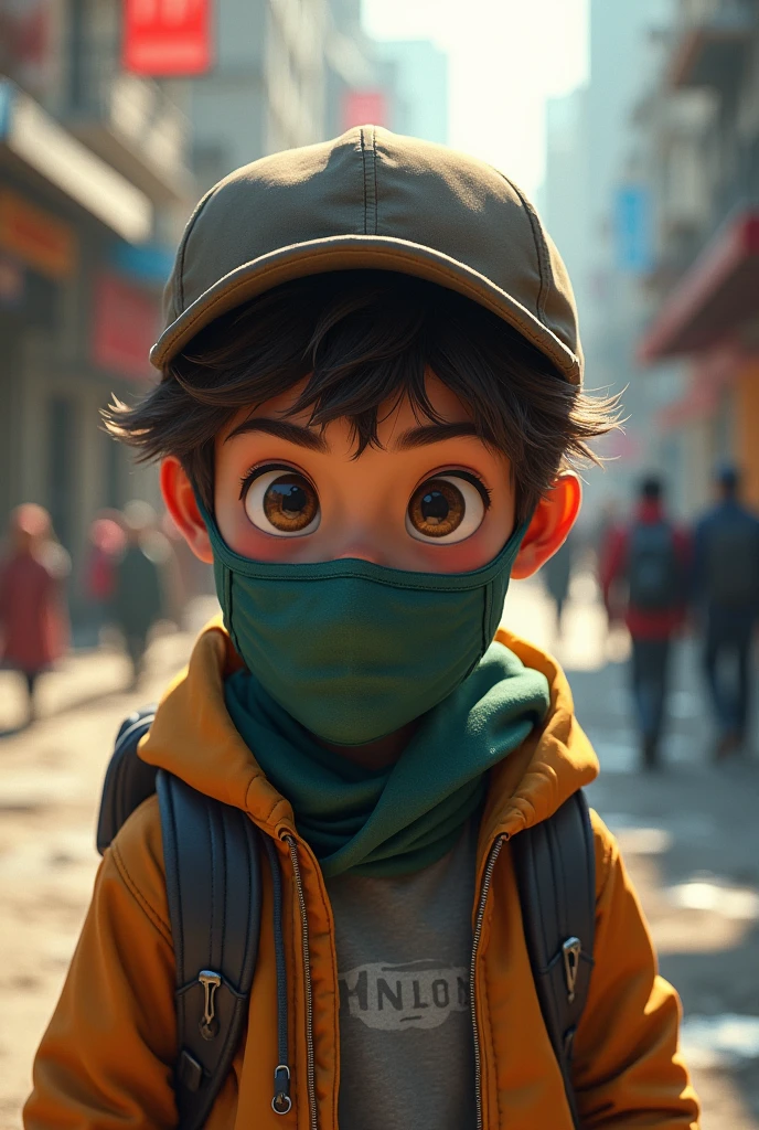 Draw a. Rap picture of a younger boy wearing a mask in reality life