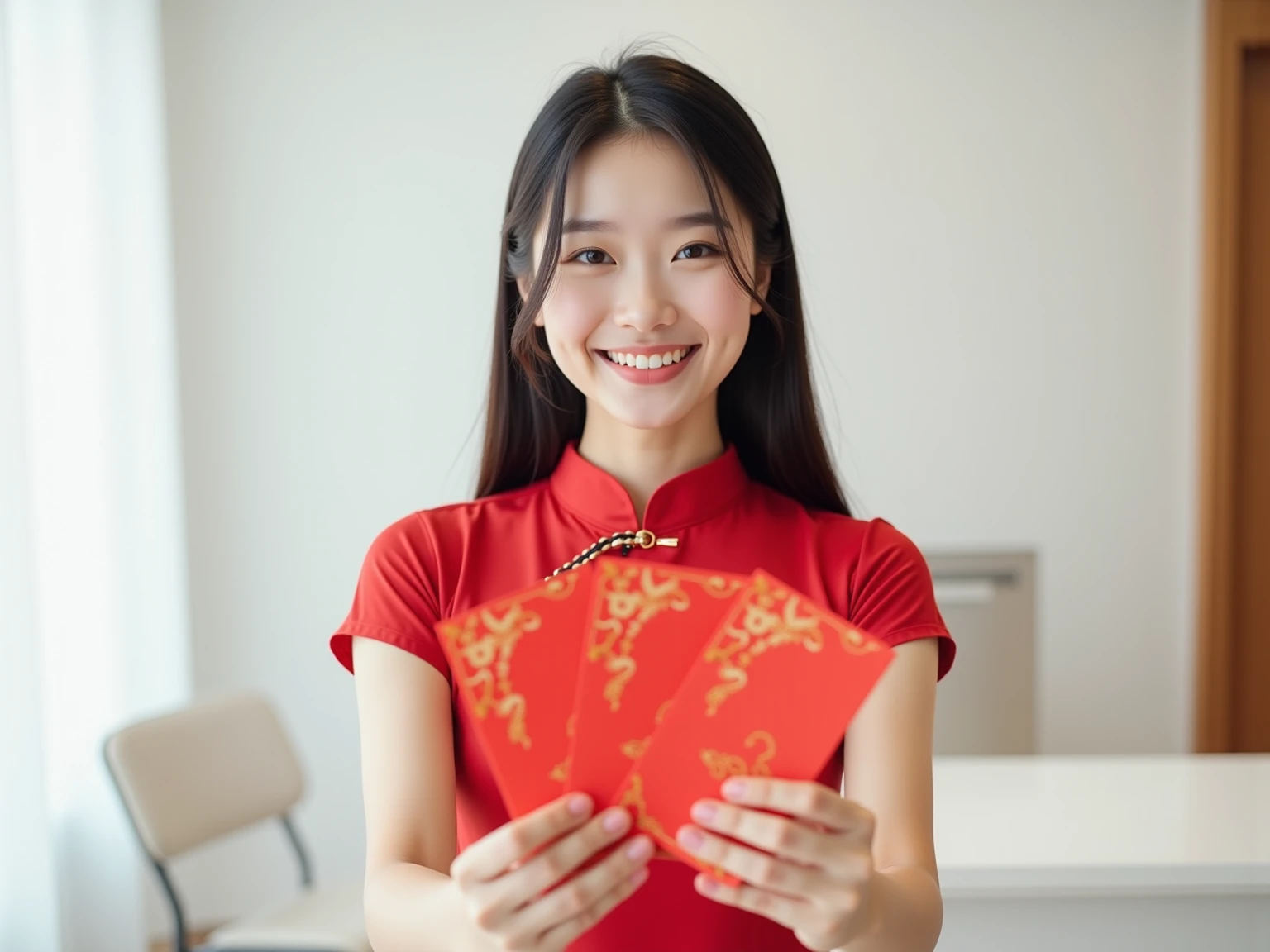 A beautiful, cheerful, and cute 18-year-old South Korean girl with a full-figured and well-proportioned body. She has long, straight black hair and is standing in front of a dental clinic counter, smiling warmly. She is holding four red ang pao envelopes with both hands, extending them forward as if offering them to you. She is wearing a vibrant red qipao dress. The area around the clinic counter is brightly lit, with white minimalist walls. The modern-style clinic counter behind her is white. The image should be ultra-high resolution and hyper-realistic, making the girl look as lifelike as possible. The human figure should occupy 30% of the image, with the remaining space highlighting the bright and modern dental clinic setting.